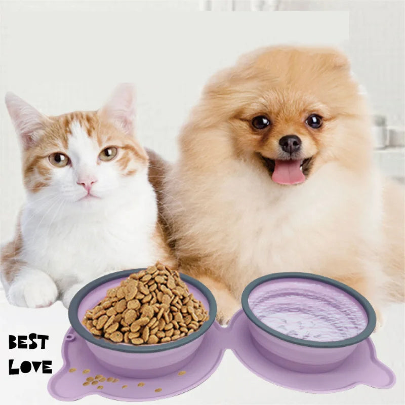 Portable Silicone Double Dog Food Bowls Foldable Non-Slip Cat Bowl